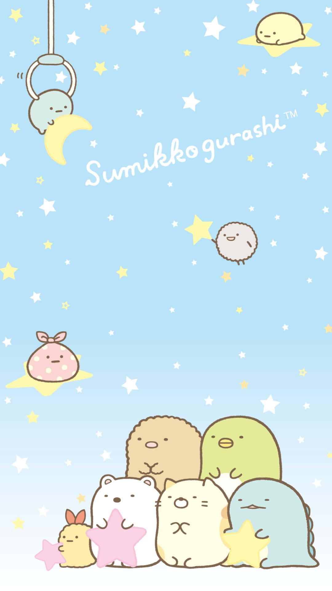 Kawaii Characters 桌布 壁紙 — 可愛的角落生物角色們聚集在星空下，有漂浮的星星和一個新月鞦韆。