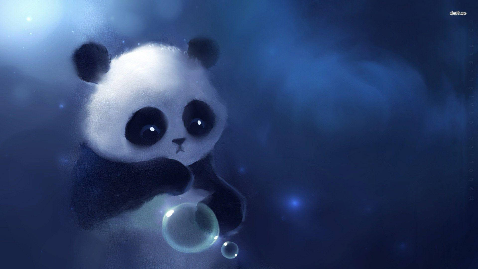 可愛的貓熊幽靈 壁紙 — 一隻可愛嘅熊貓BB漂浮喺夢幻藍色星雲入面，拎住發光嘅泡泡，周圍有柔和星光。