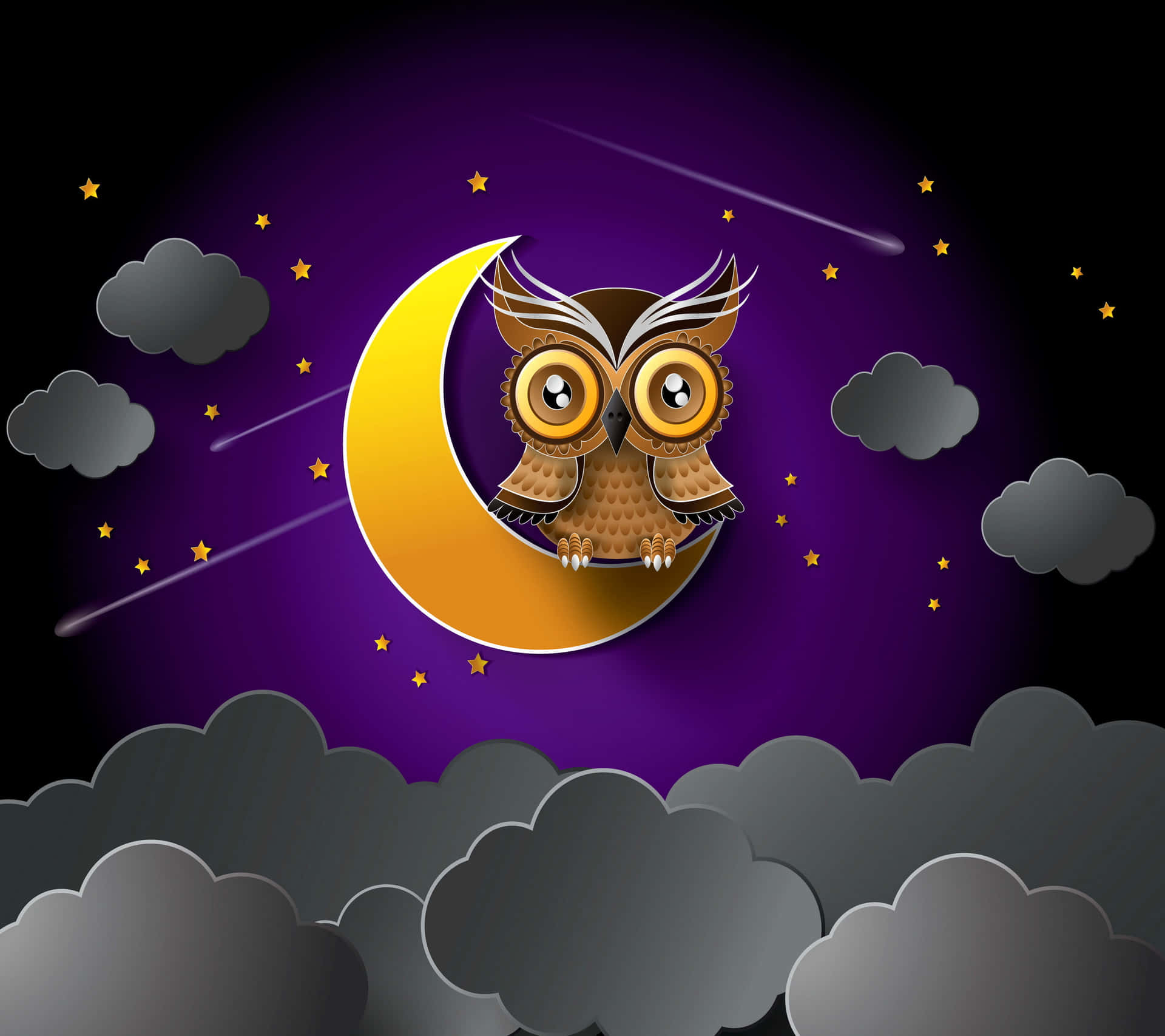一隻卡通貓頭鷹坐在彎月上，背景是帶有雲朵的星空夜空。