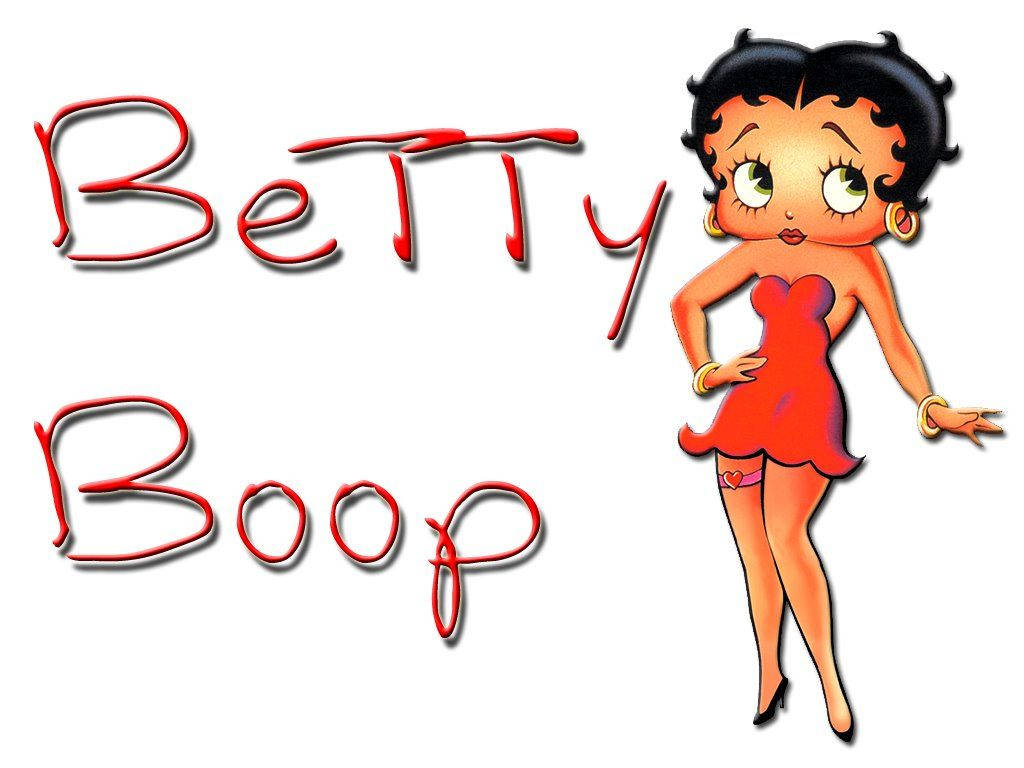 Betty Boop 卡通角色，身穿紅色連衣裙，黑髮，戴金色耳環。