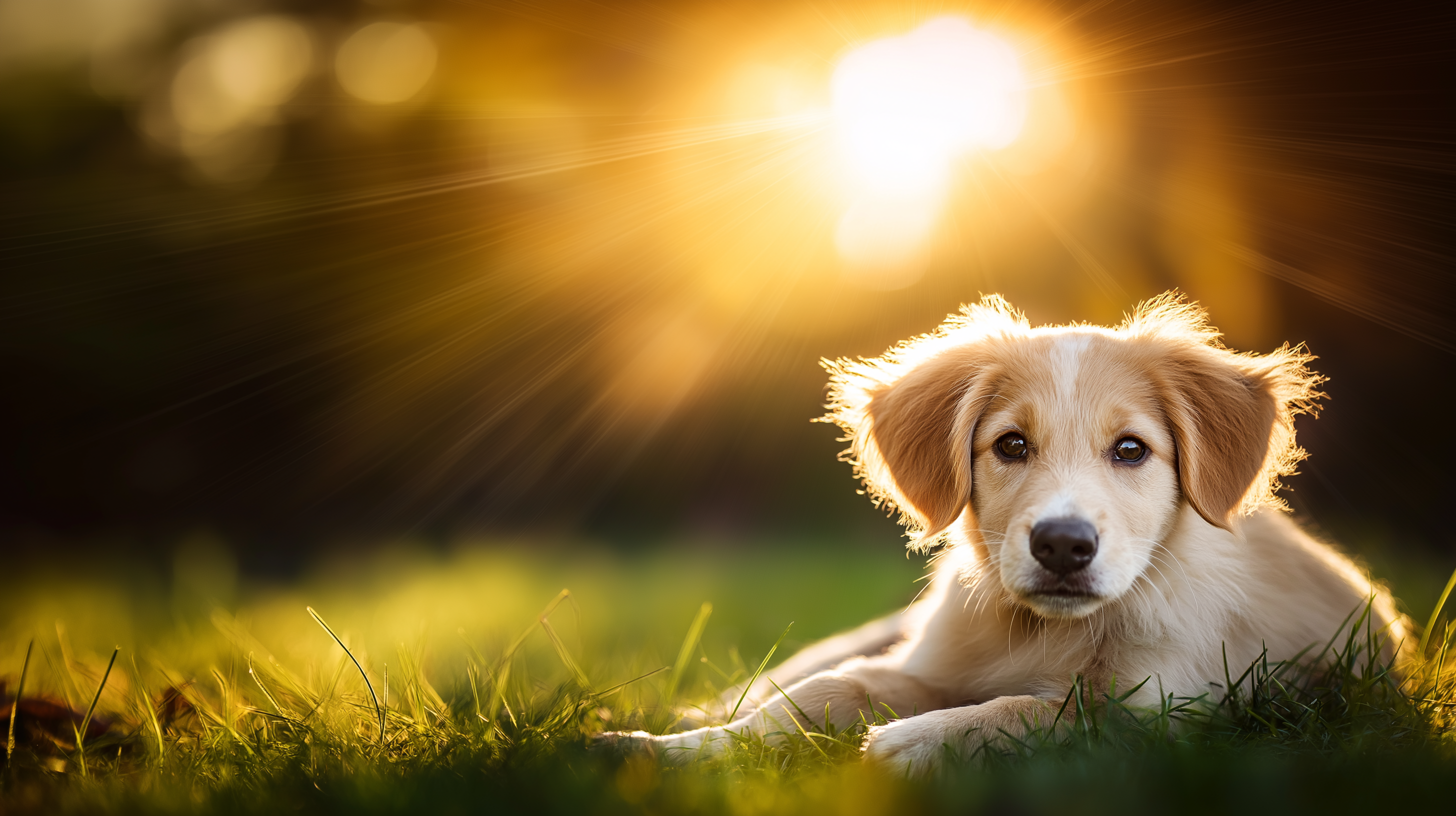 可愛的金毛幼犬 壁紙 — 一隻毛茸茸的金色小狗在充滿活力的綠色草地上休息，溫暖的陽光從其後方照射下來，形成耀眼的光芒。