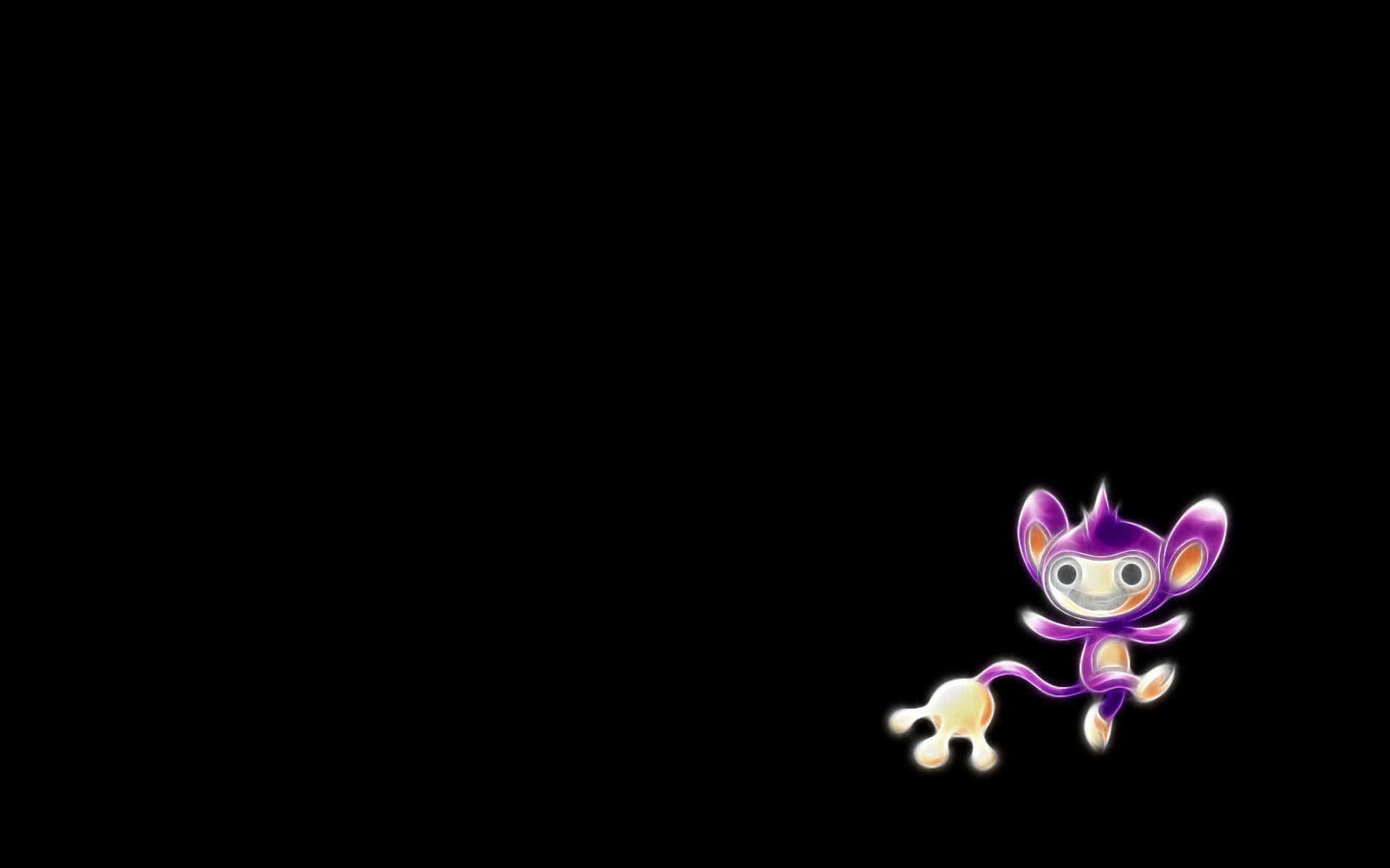 一隻發光的紫色卡通猴子在黑暗中漂浮。
