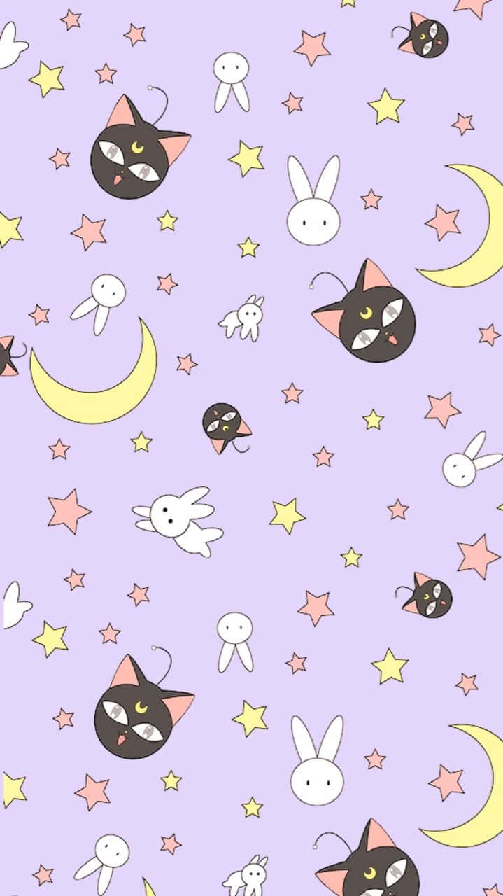 在薰衣草背景上帶有卡通貓、兔子、月亮和星星的柔和色調牆紙。