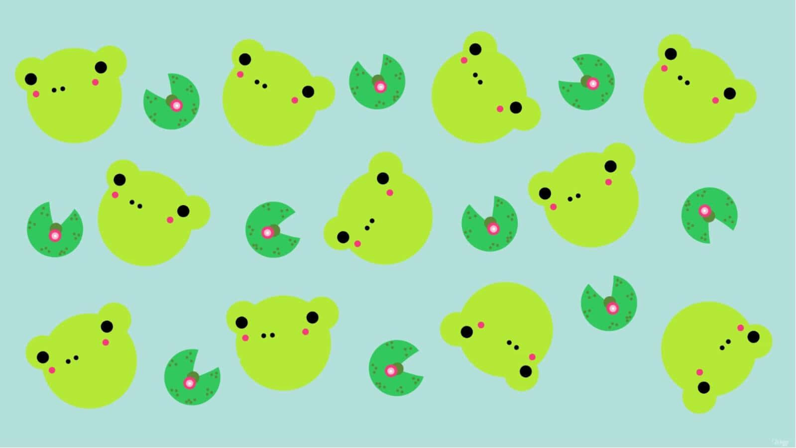 Aesthetic Frog 桌布 壁紙 — 可愛的青檸綠色青蛙臉，粉紅臉頰和睡蓮葉，在柔和的薄荷色背景上漂浮，形成俏皮的重複圖案。