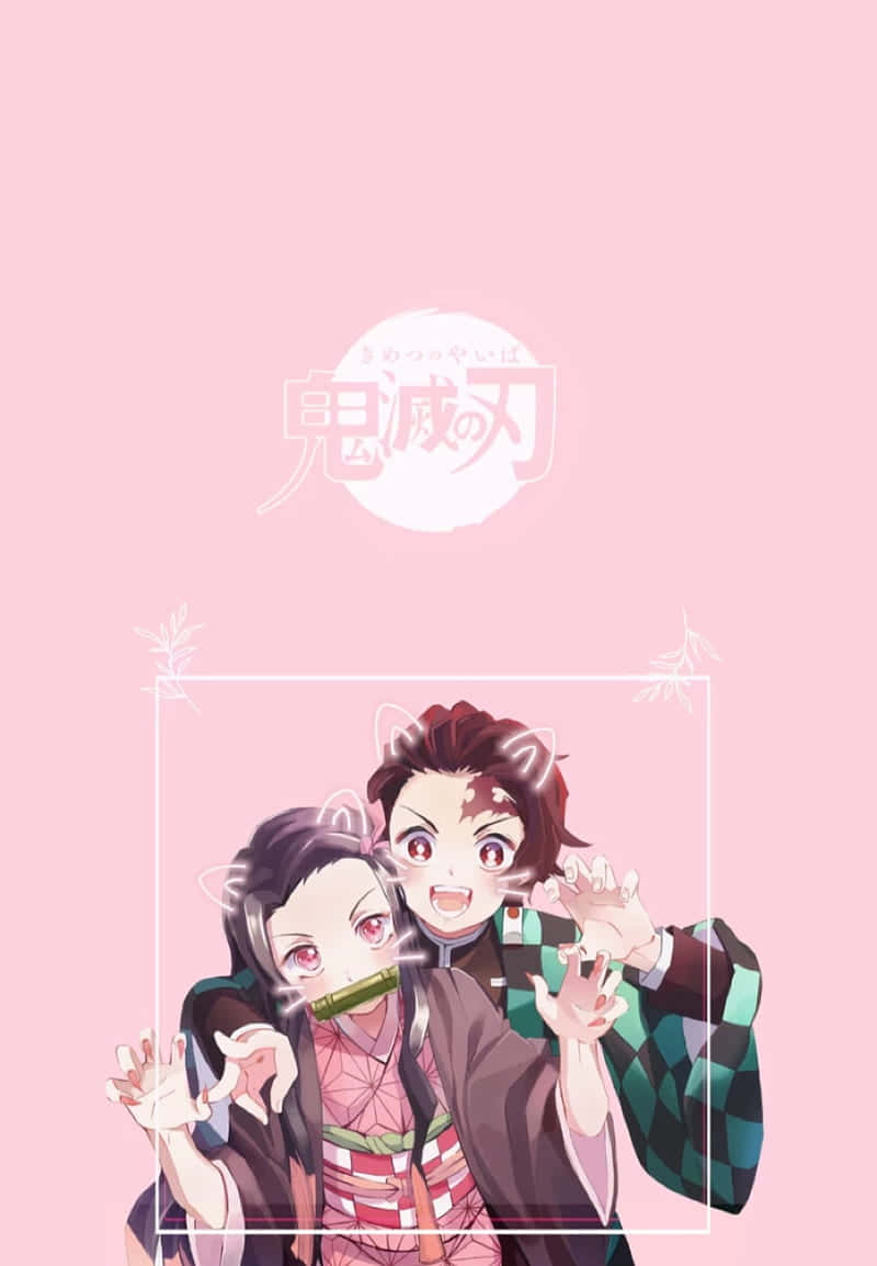 兩個有貓耳嘅動漫角色喺粉紅色框入面頑皮咁笑。