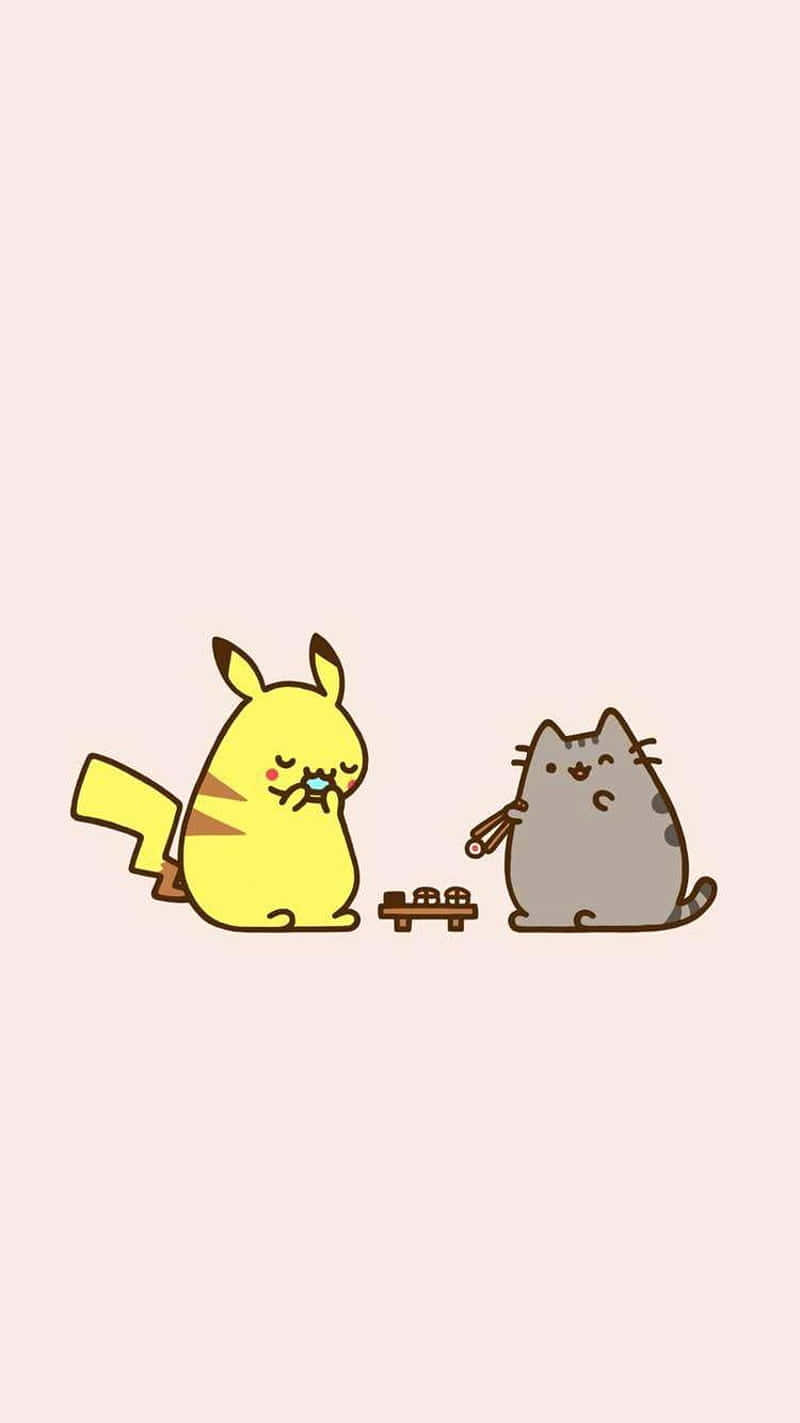 Cute Pusheen 桌布 壁紙 — 可愛的黃色比卡超和灰色貓貓Pusheen並肩坐在粉紅色背景上分享小零食。