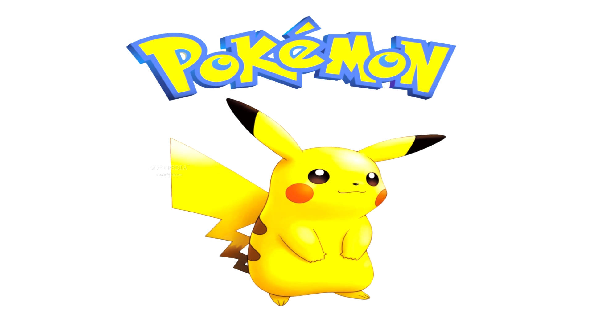 可愛皮卡丘配Pokémon標誌 壁紙 — 一隻開心的黃色比卡超站在標誌性的寵物小精靈標誌下方，背景是潔淨的白色。