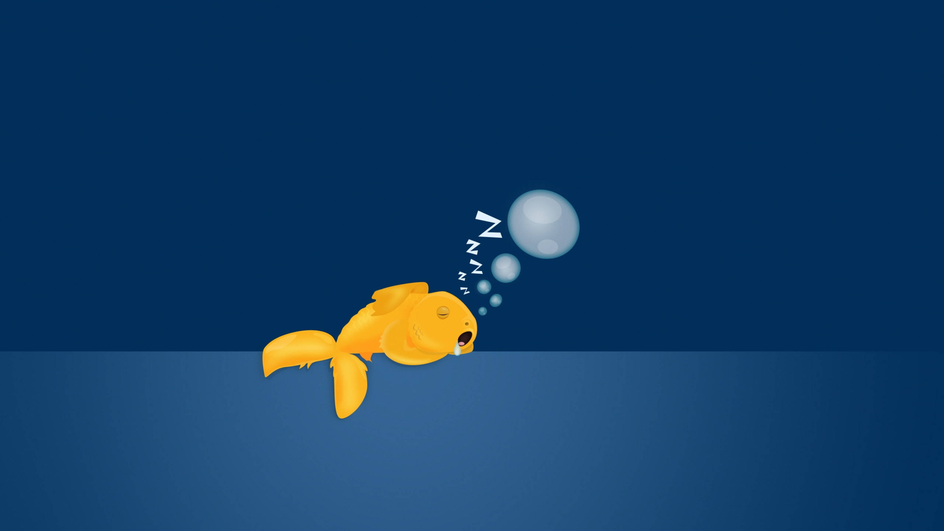 可愛睡著的金魚藝術 壁紙 — 一條卡通金魚在水底平靜地睡覺，呼出帶有「Zzz」標記的氣泡，背景是深藍色漸變。