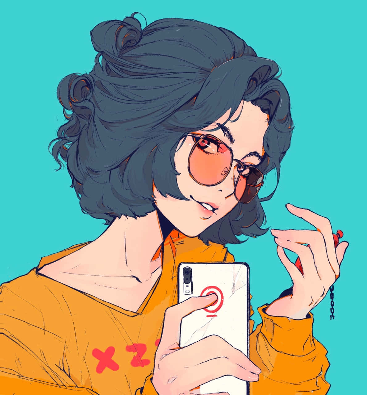 可愛短髮TikTok頭像 壁紙 — 一個時尚的動漫女孩，深色捲髮和橙色眼鏡，在青色背景前用手機自拍。