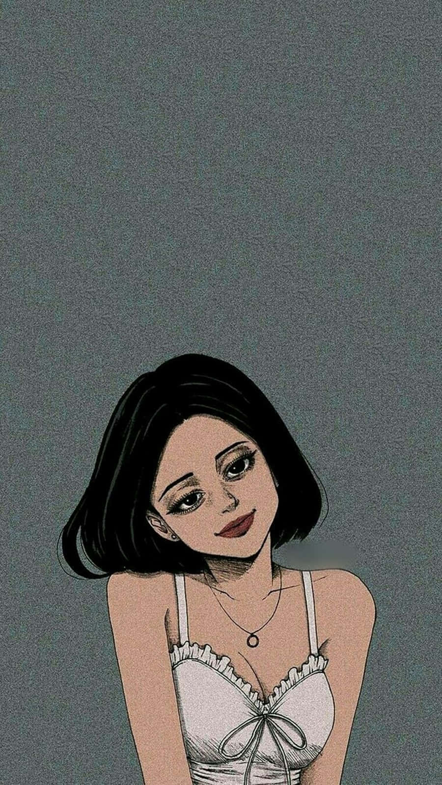 可愛短髮女孩插畫 壁紙 — 一個風格化的動漫女孩，短黑髮，白色上衣，在柔和的灰色背景前溫柔地凝視。