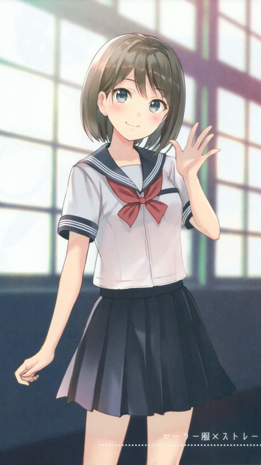 動漫女孩穿著水手服在明亮的窗邊揮手。