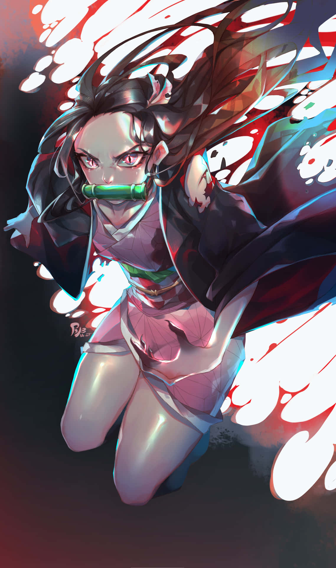 可愛神樂 攻擊畫面 壁紙 — 一個兇猛的動漫女孩，黑髮紅眼，以動態姿勢跪著，周圍環繞著旋轉的紅色和白色能量。