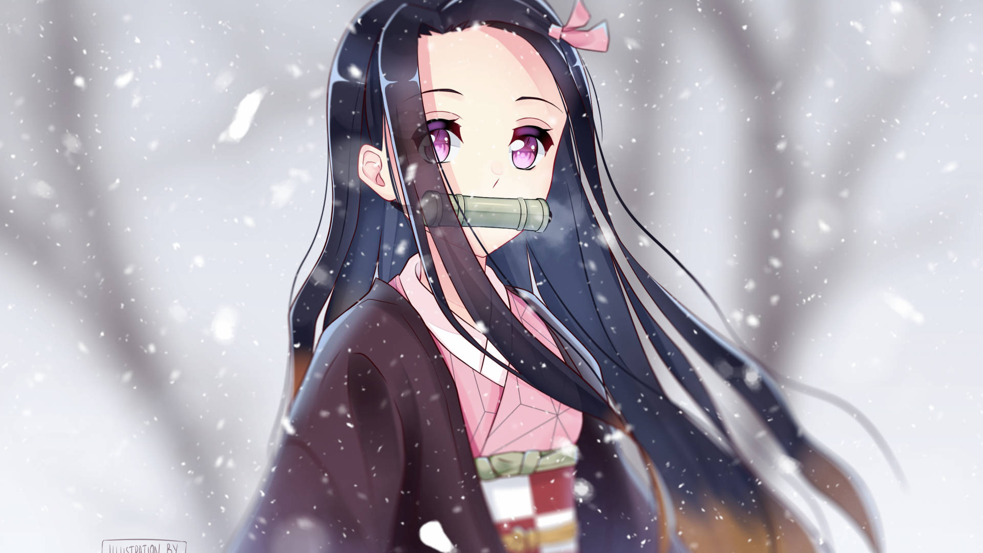 動漫少女穿和服戴竹口枷站在雪中