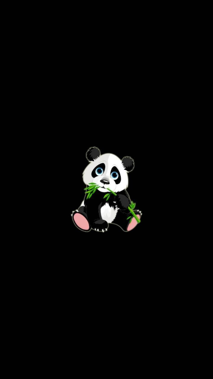 一隻藍眼睛的卡通熊貓在黑色背景上拿著竹子。