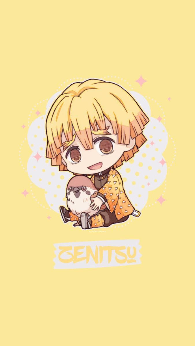 Q版動漫角色善逸，在黃色背景上抱著一隻帶有閃光的小毛絨生物。
