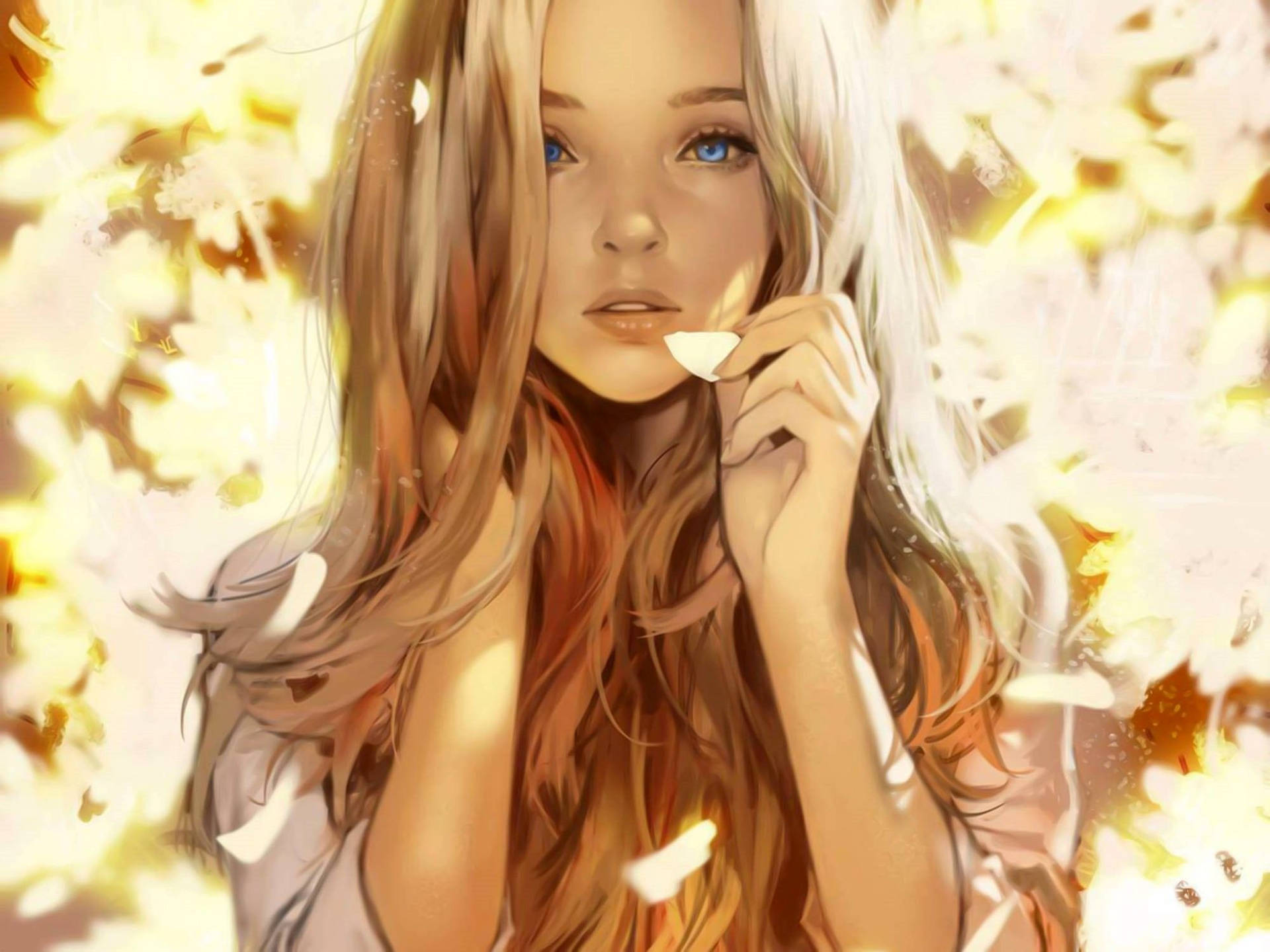 藍眼金髮的動漫女孩在金色秋光中手持白色花瓣。