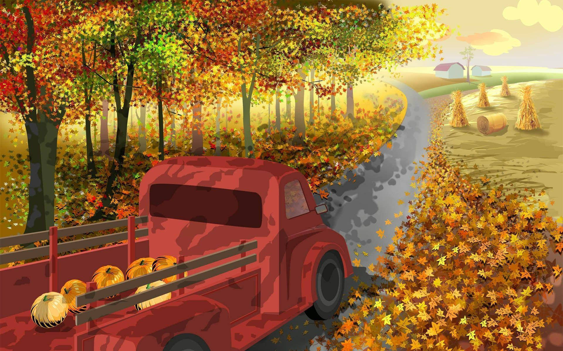 紅色復古卡車在落葉覆蓋的秋日道路上運送南瓜。