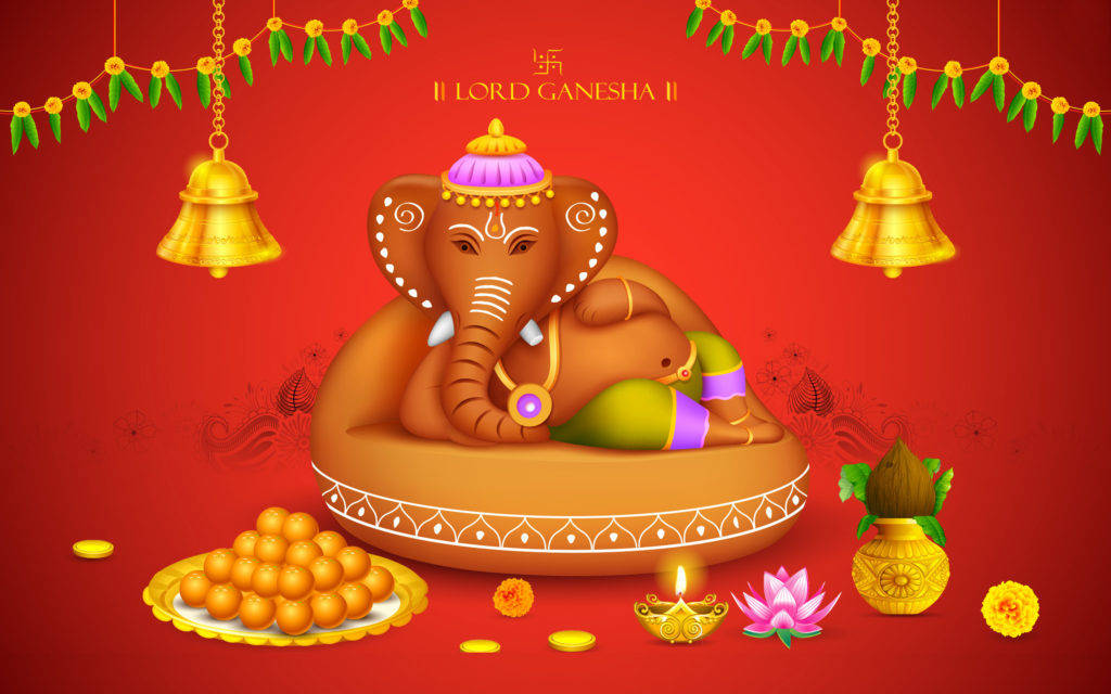 可愛節慶風格象頭神甘尼薩 壁紙 — Lord Ganesha 躺臥在裝飾華麗的基座上，周圍環繞著節日供品，背景是鮮豔的紅色。