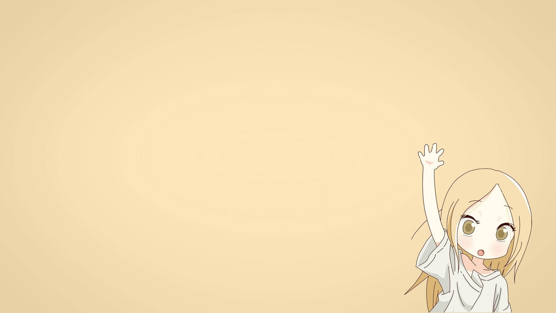 金髮動漫女孩在角落開心地揮手。