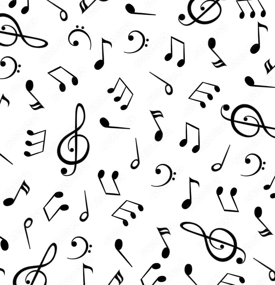 可愛簡約音樂符號背景 壁紙 — 黑色音符和符號隨機漂浮在乾淨的白色背景上，形成重複圖案。