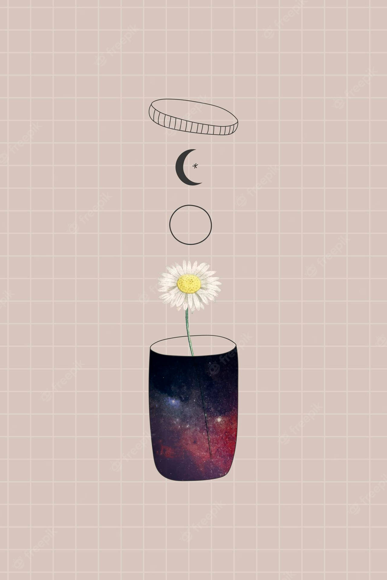 雛菊插在銀河圖案的花瓶中，上方有漂浮的月相和蓋子。