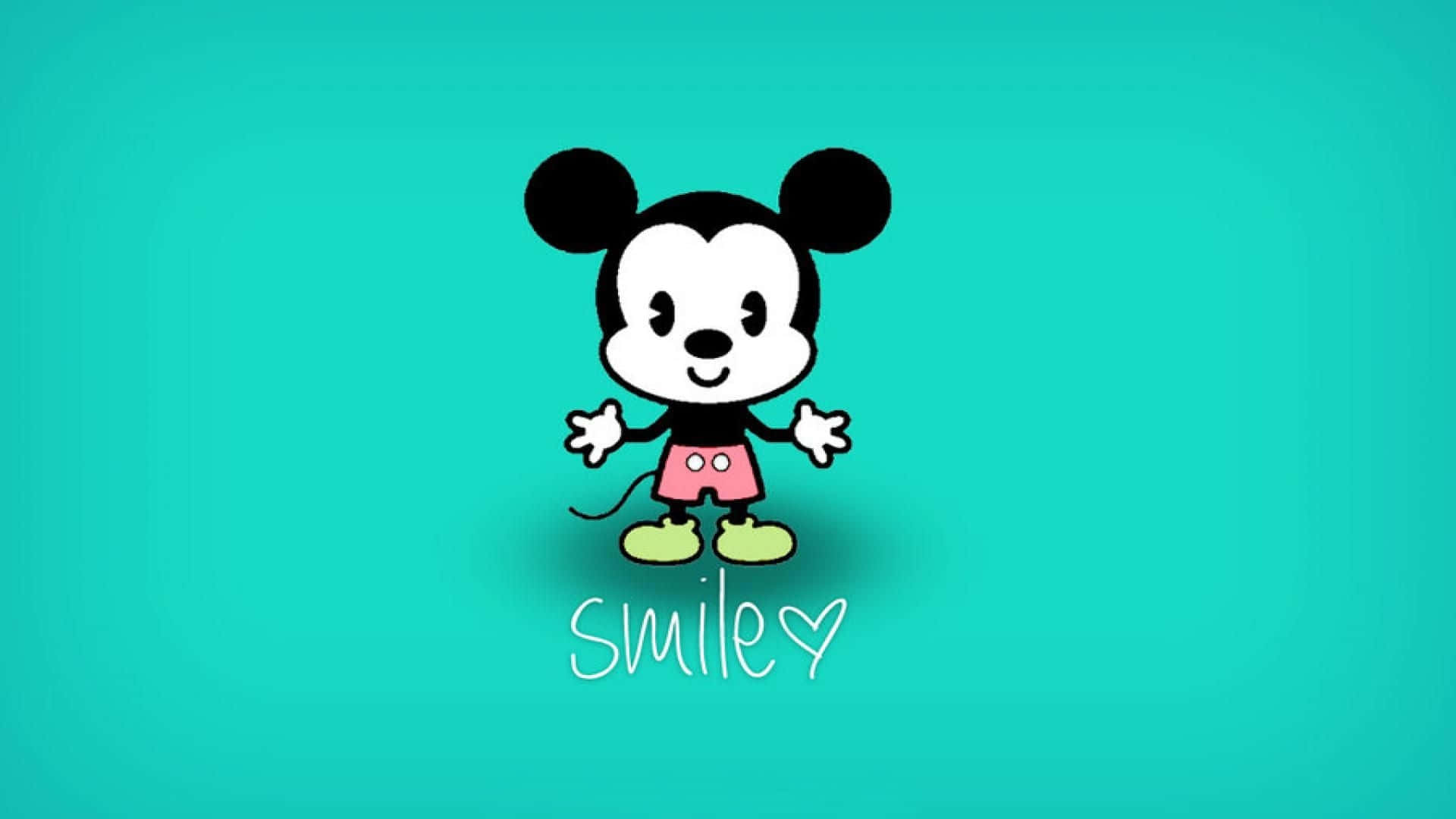卡通米奇老鼠在青色背景上張開雙臂微笑，帶有smiley文字