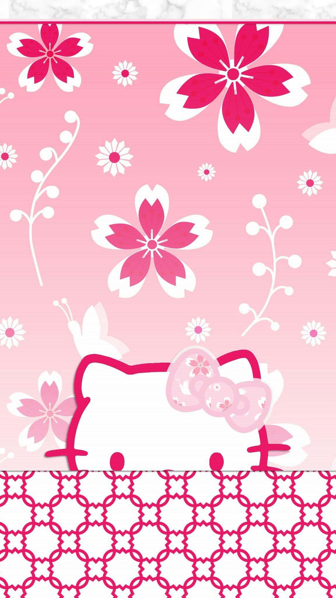 可愛粉紅 Hello Kitty 花園屏障 壁紙 — 粉紅色牆紙，帶有Hello Kitty剪影，配以櫻花和花卉藤蔓，背景為漸變色。