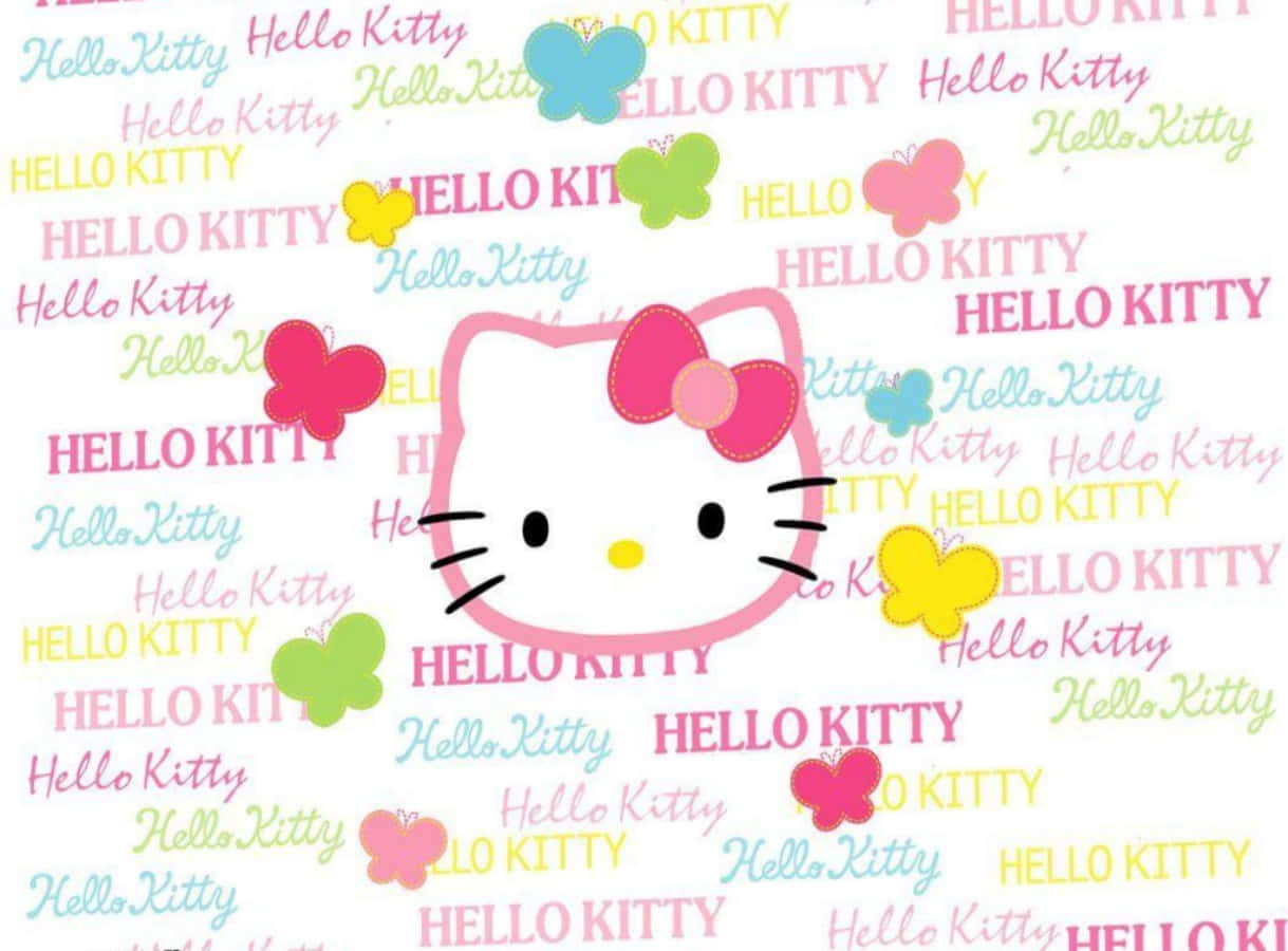 Hello Kitty與蝴蝶和重複文字在白色背景上。