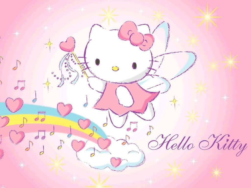 可愛粉紅 Hello Kitty 音樂天使 壁紙 — Hello Kitty 化身為帶有翅膀和魔法棒的精靈，漂浮在彩虹之上，周圍環繞著心形和音符，背景是閃閃發光的粉紅色。