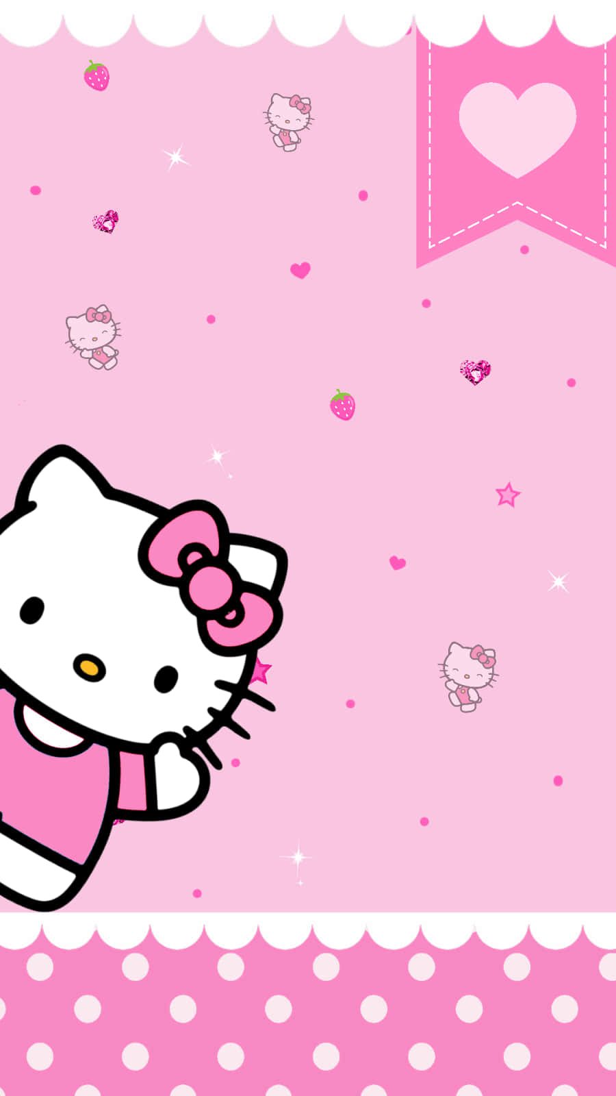 可愛粉紅 Hello Kitty 草莓心形點綴 壁紙 — Hello Kitty 身穿粉紅色連衣裙，從左下角窺視，背景是帶有心形、草莓和星星的粉彩色粉紅色背景。