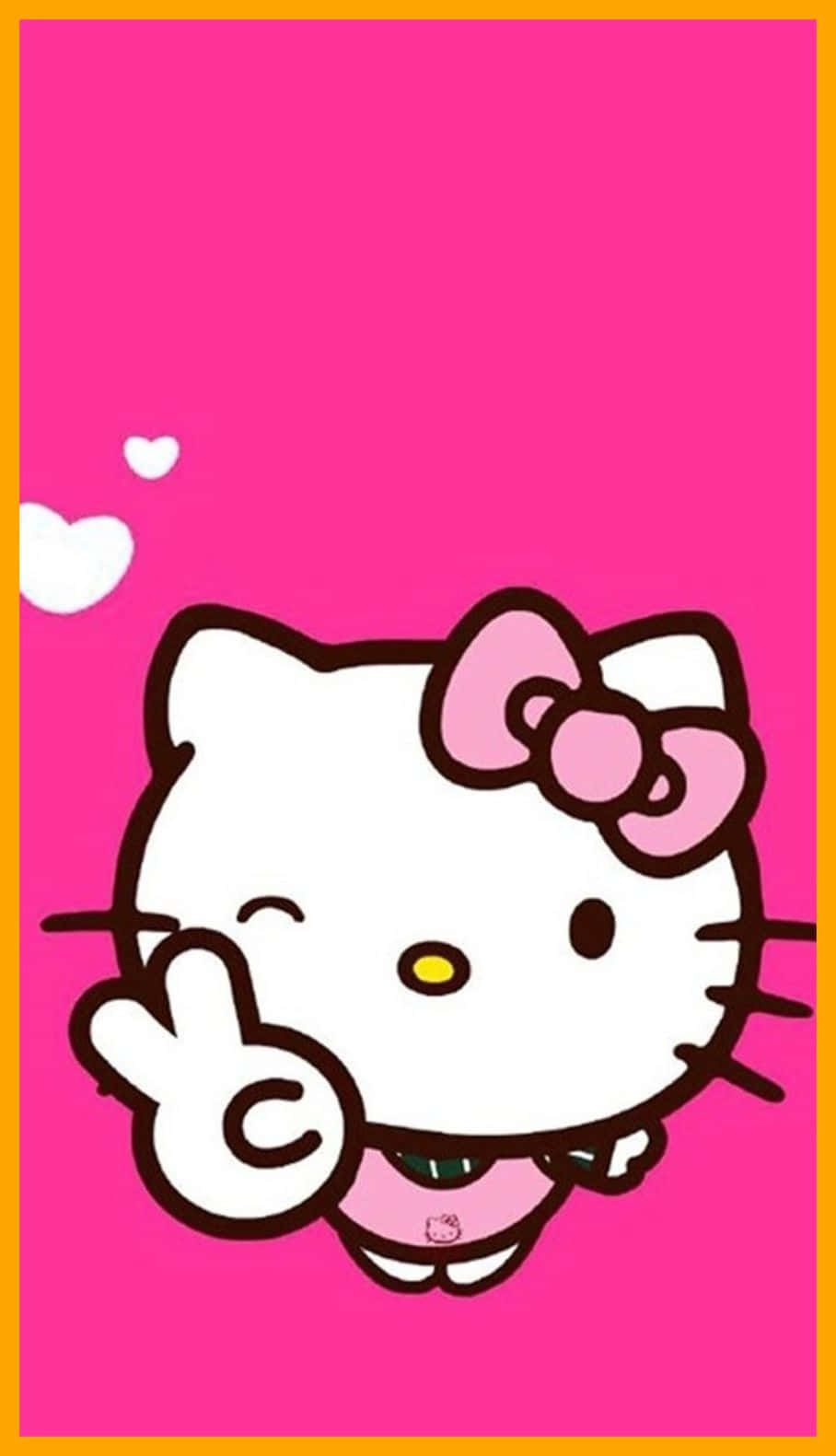 可愛粉紅 Hello Kitty 指出和平手勢 壁紙 — Hello Kitty 喺明亮粉紅色背景上，伴隨漂浮嘅白色心心，開心咁微笑。