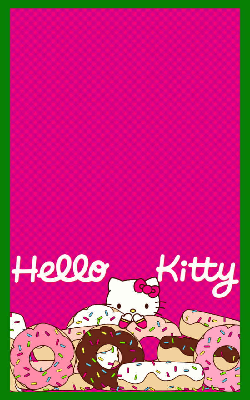可愛粉紅 Hello Kitty 與甜甜圈 壁紙 — Hello Kitty 角色喺一個鮮粉紅色格仔背景上，喺一堆色彩繽紛嘅糖針冬甩後面探出頭嚟。