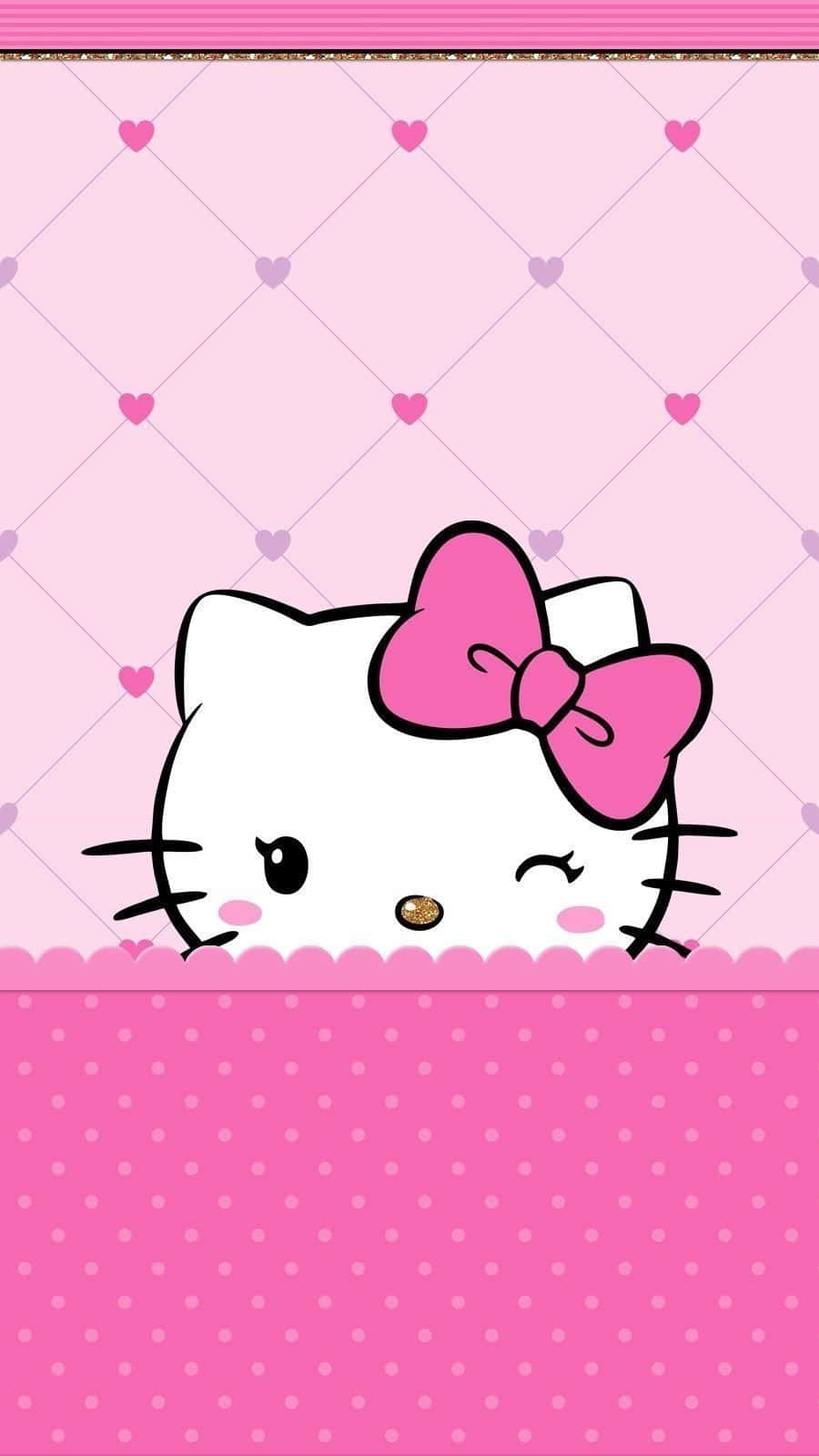 可愛粉紅 Hello Kitty 隱身眨眼 壁紙 — Hello Kitty 喺粉紅色波點邊框上面探出頭嚟，背景係絎縫粉紅色，仲有散落嘅心形圖案。