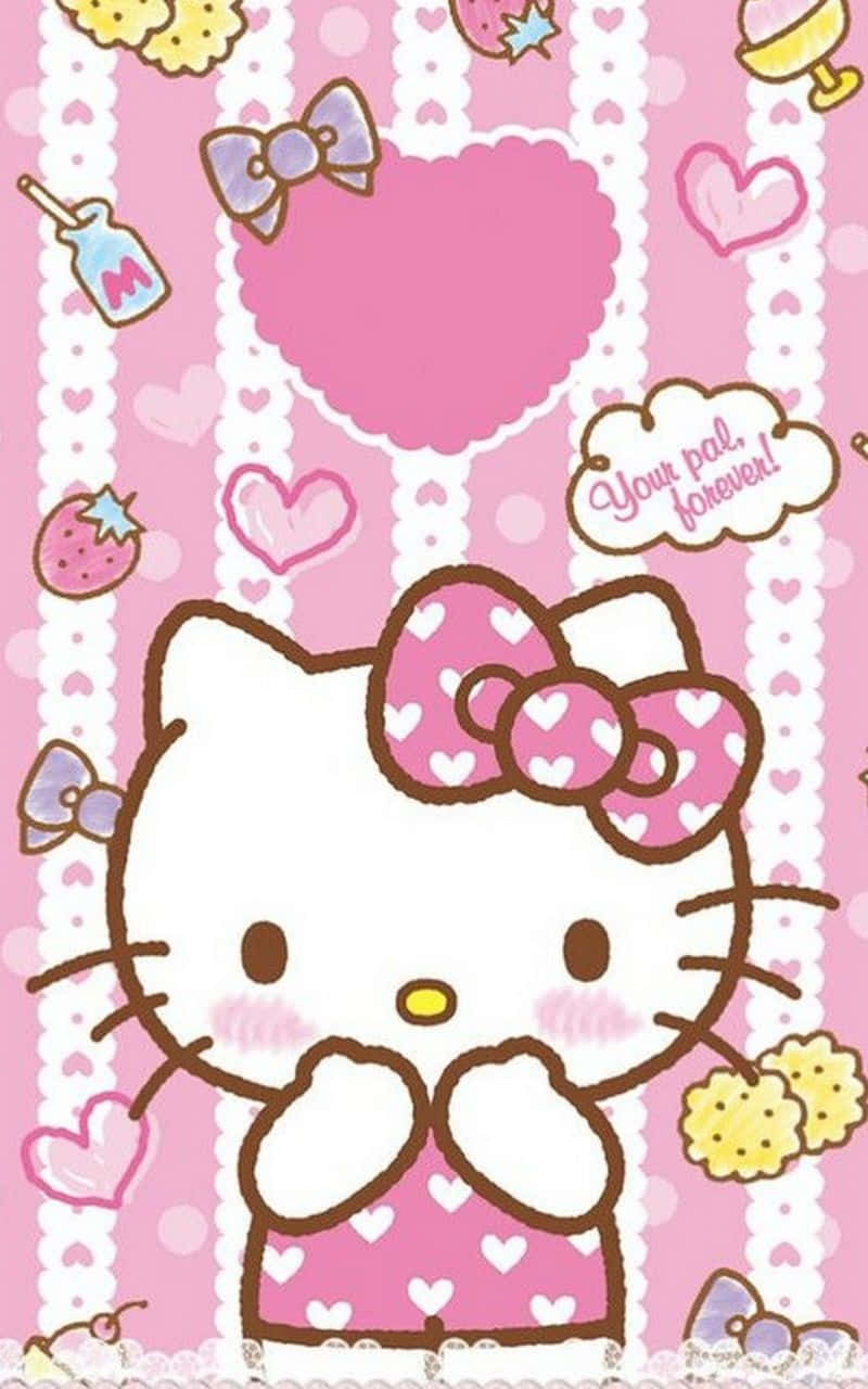 可愛粉紅Hello Kitty「永遠是你的夥伴」 壁紙 — Hello Kitty 身穿粉紅色心形圖案連衣裙，繫著蝴蝶結，雙手合攏，呈現歡樂的卡通插圖。