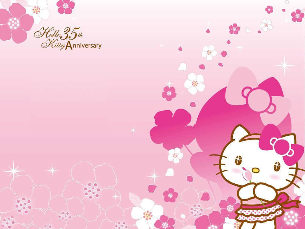 可愛粉紅Hello Kitty 35週年紀念 壁紙 — Hello Kitty 在櫻花和閃爍星星的柔和粉紅世界中慶祝其35週年。