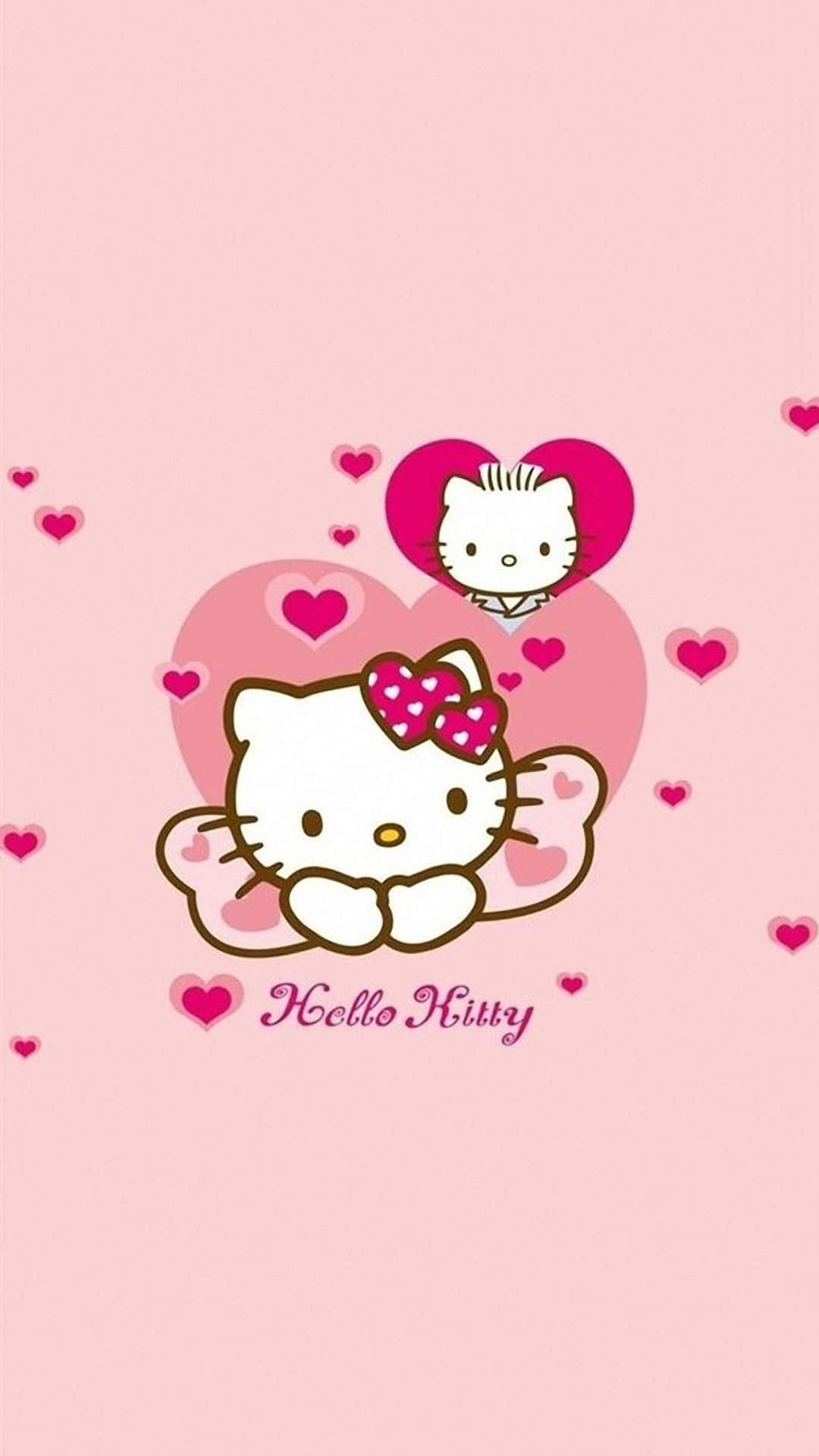 Hello Kitty 戴著粉紅色蝴蝶結，被漂浮在粉紅色背景上的心形包圍。 — 心形 壁紙