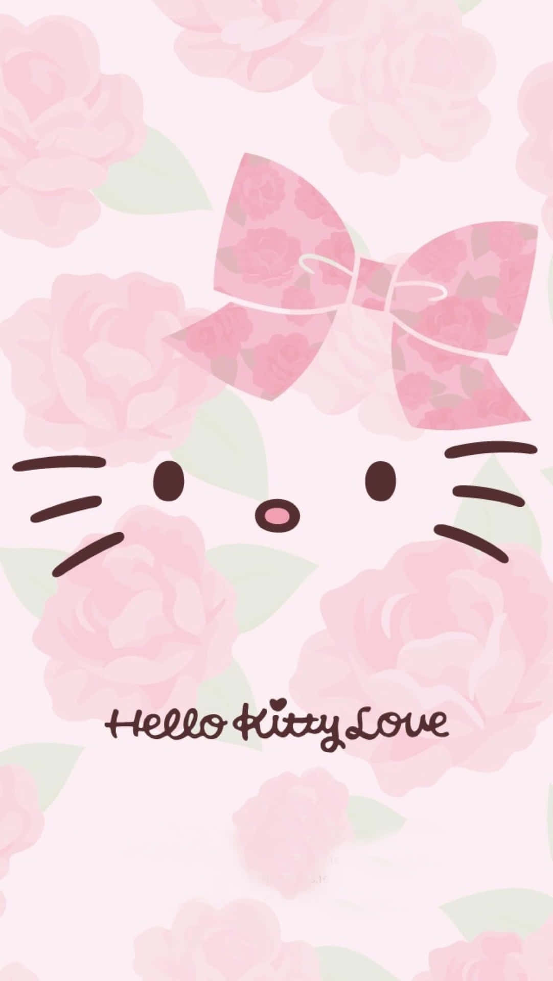 可愛粉紅Hello Kitty繪畫肖像 壁紙 — Hello Kitty 戴著花卉蝴蝶結，被柔和的粉紅玫瑰環繞在粉彩背景上。