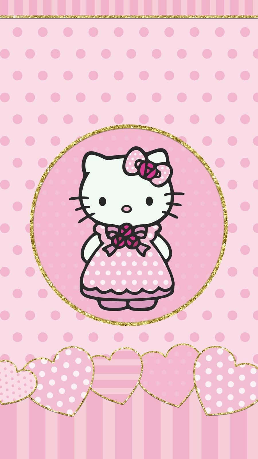 可愛粉紅Hello Kitty置身圓圈 壁紙 — Hello Kitty 身穿粉紅色圓點連衣裙，戴著蝴蝶結，站在閃閃發光的金色圓圈內，背景是帶有心形裝飾的粉紅色圓點圖案。