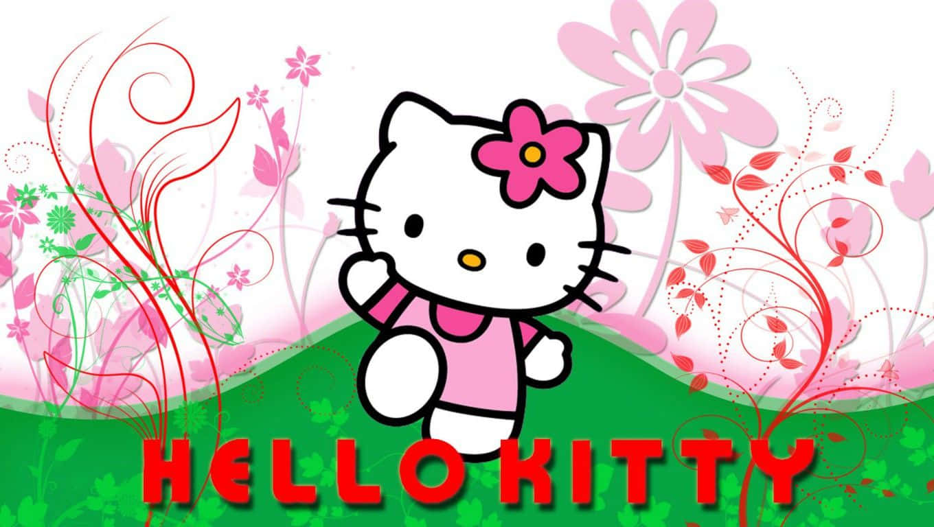 可愛粉紅Hello Kitty花園 壁紙 — Hello Kitty 身穿粉紅色連衣裙，在一個有旋轉花卉圖案和粉紅色花朵的綠色山丘上愉快地揮手。
