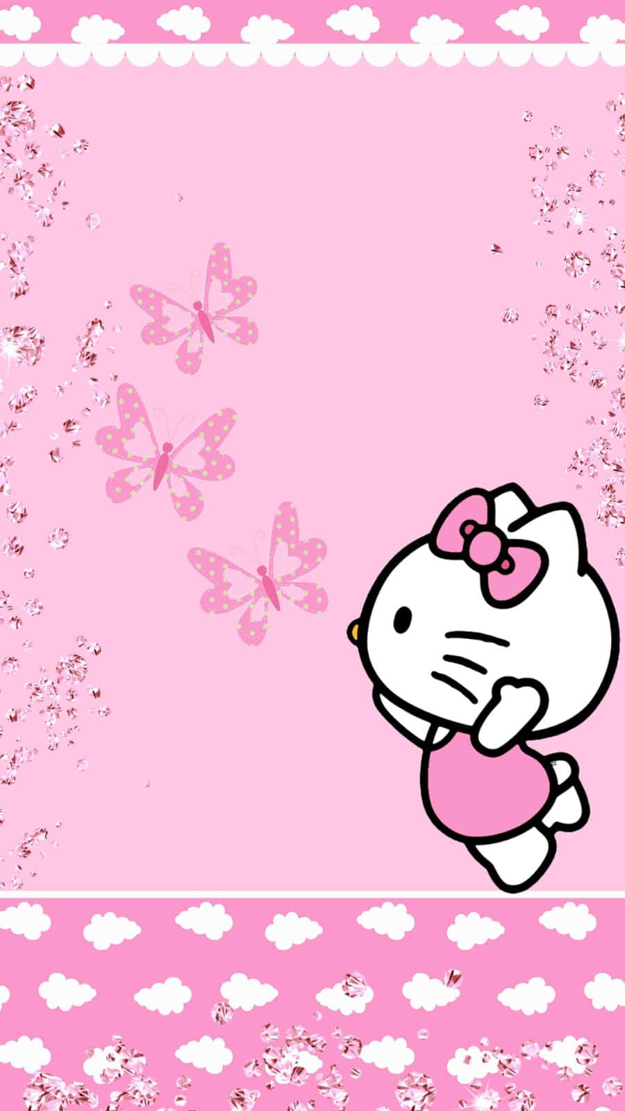 可愛粉紅Hello Kitty追逐三隻蝴蝶 壁紙 — Hello Kitty 身穿粉紅色連衣裙和蝴蝶結，在雲朵邊框的柔和粉紅色背景前，漂浮在閃閃發光的蝴蝶之中。