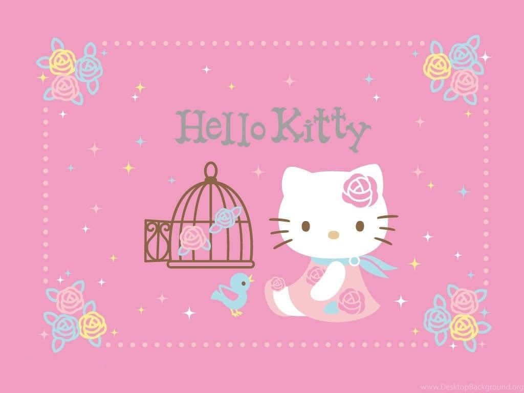 可愛粉紅Hello Kitty鳥籠 壁紙 — Hello Kitty 身穿粉紅玫瑰裙坐在鳥籠旁，一隻藍鳥飛出，背景閃爍粉紅。