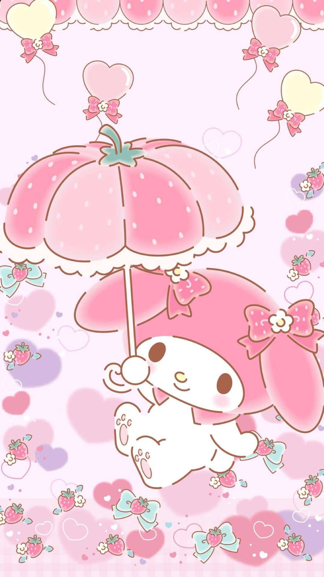 My Melody拿著士多啤梨雨傘，周圍漂浮著心形和士多啤梨。