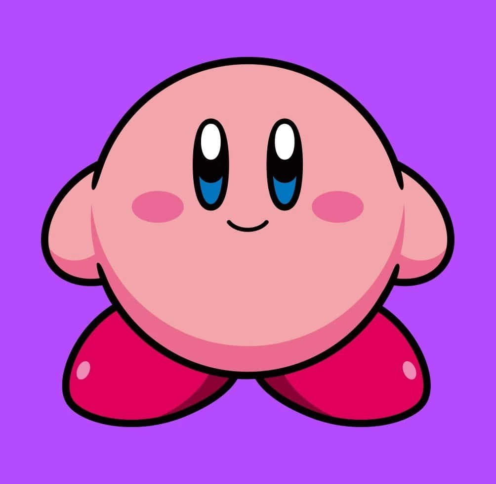 粉紅色卡通角色 Kirby 藍色眼睛在紫色背景上微笑