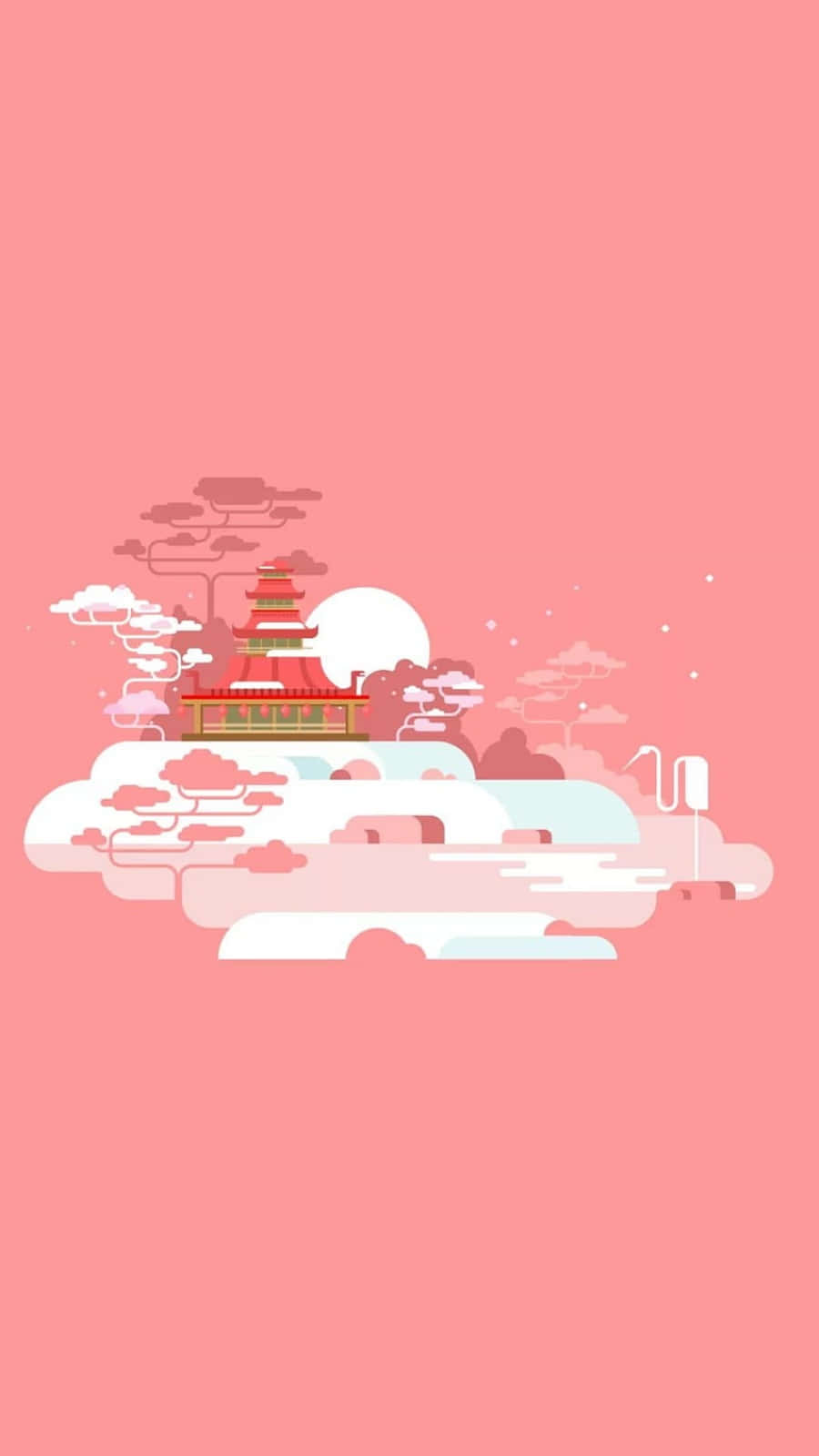 粉紅天空中雲端上的紅色寶塔，櫻花和滿月