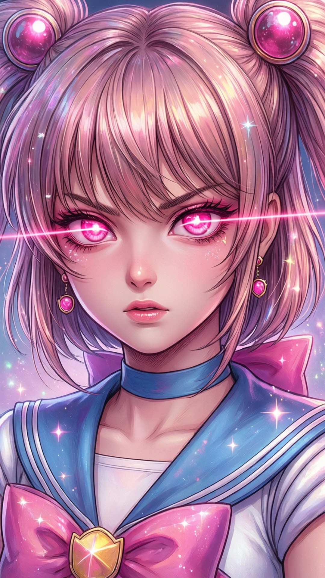 穿著水手服的動漫女孩，發光的粉紅色眼睛和宇宙火花。