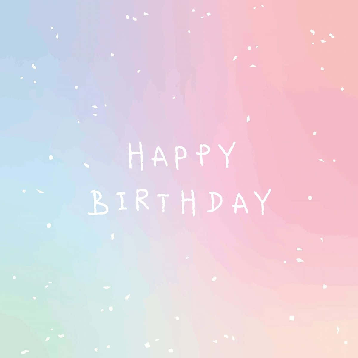 可愛粉紅生日紙杯蛋糕 壁紙 — 粉彩水彩漸變背景，帶有白色紙屑和手寫生日快樂文字。