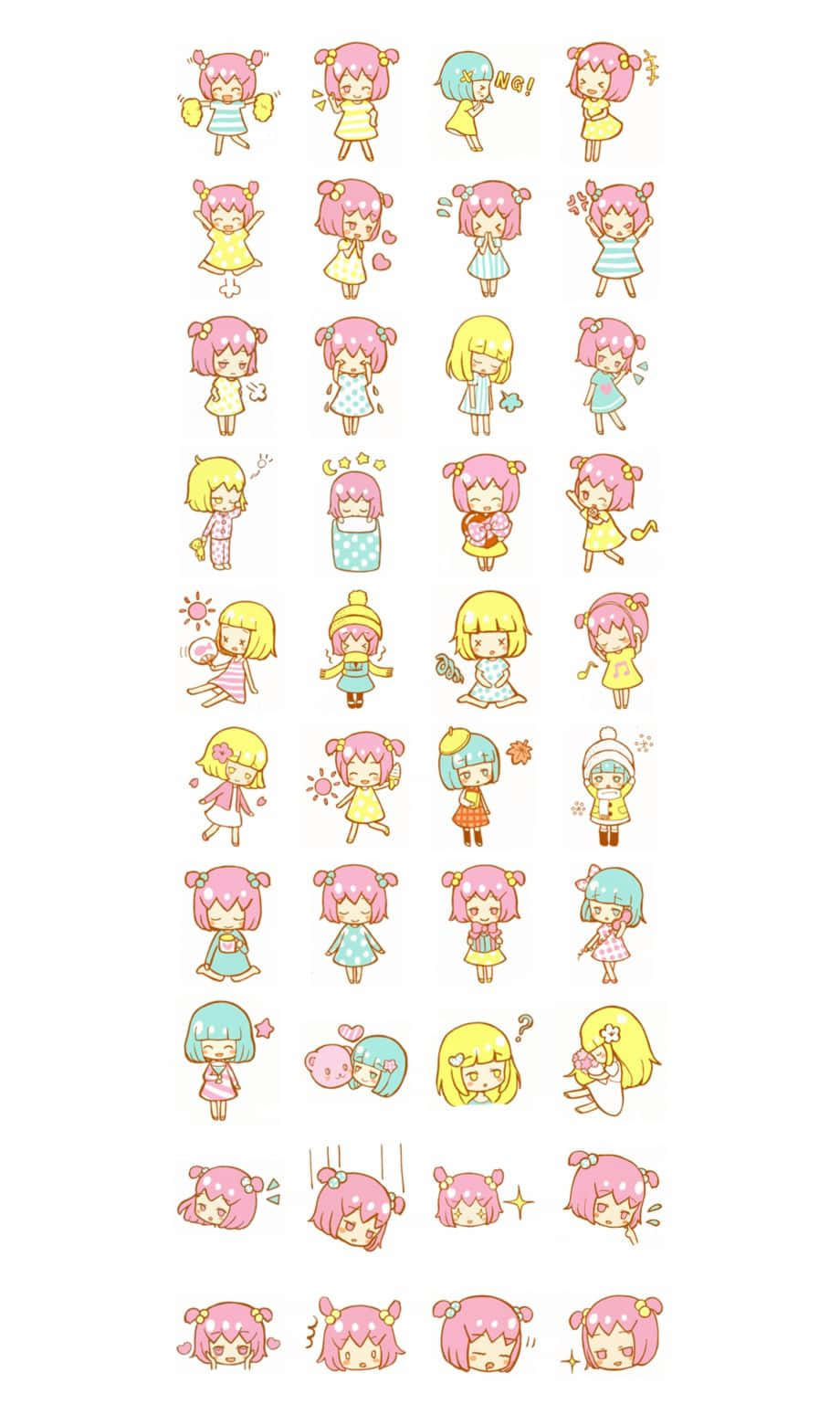 可愛動漫女孩貼紙合集，展示不同的情緒和姿勢。