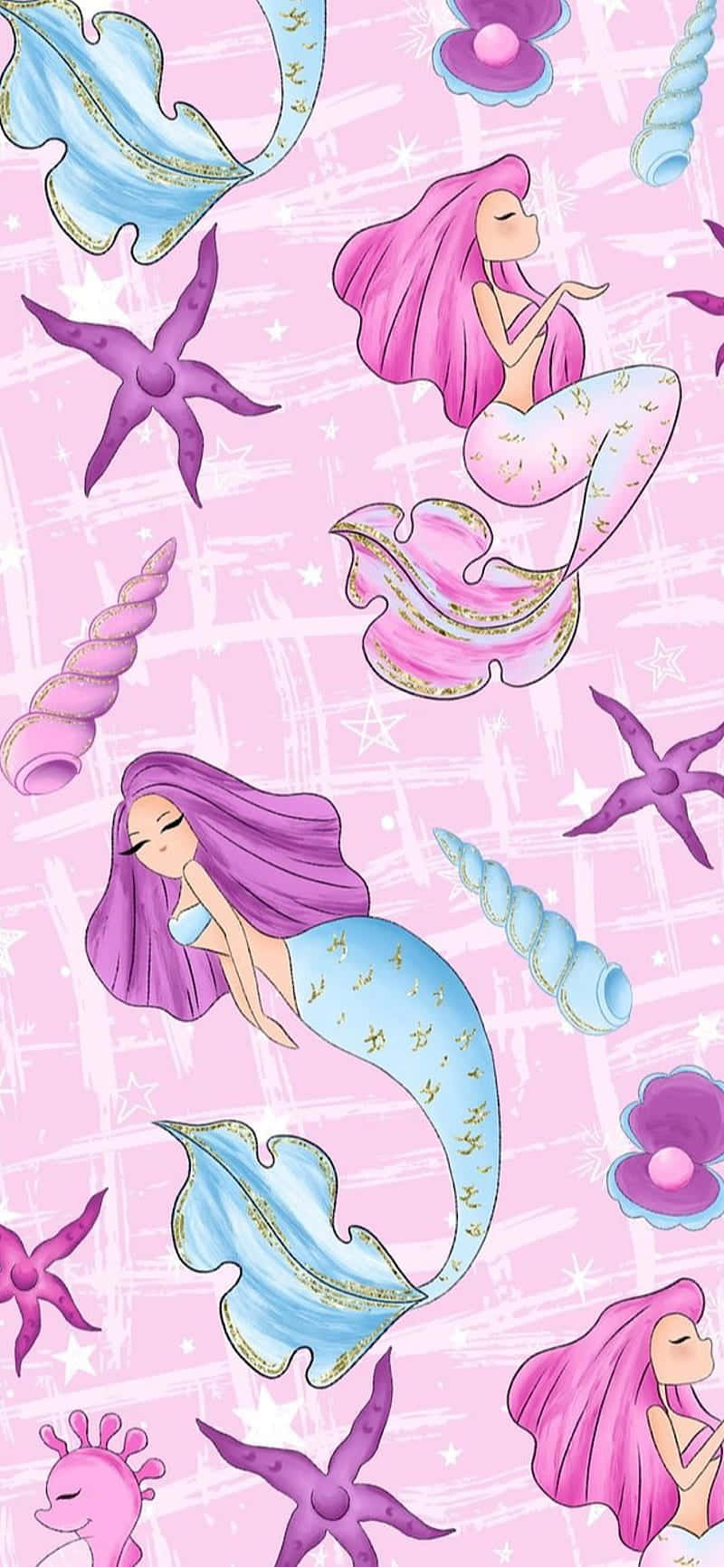 美人魚、海星和貝殼漂浮在帶有白色筆觸的粉紅色背景上。