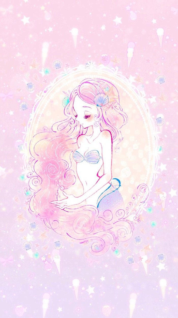 粉紅色頭髮的動漫美人魚在華麗框架中，周圍環繞著星星和閃光。 — 可愛粉紅gif 壁紙