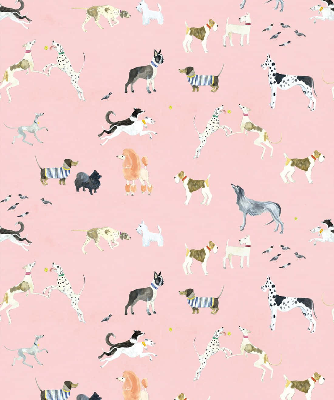 插圖牆紙，展示各種犬種在粉紅色背景上玩耍。